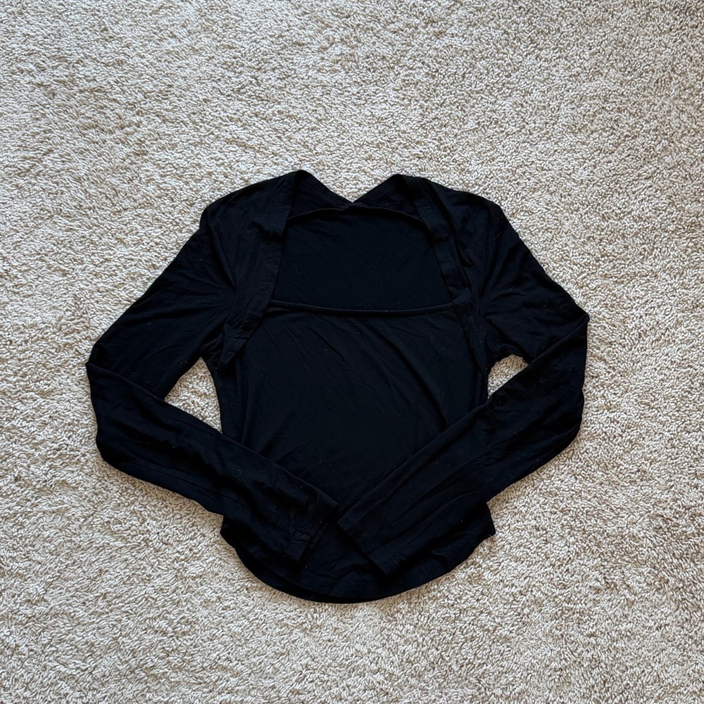 Black Square Neck Top with Long Sleeves - Size M